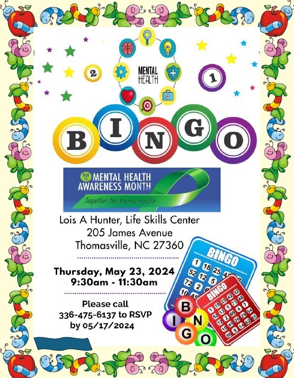 Mental Health Awareness Bingo Flyer. All information on this flyer is listed above.